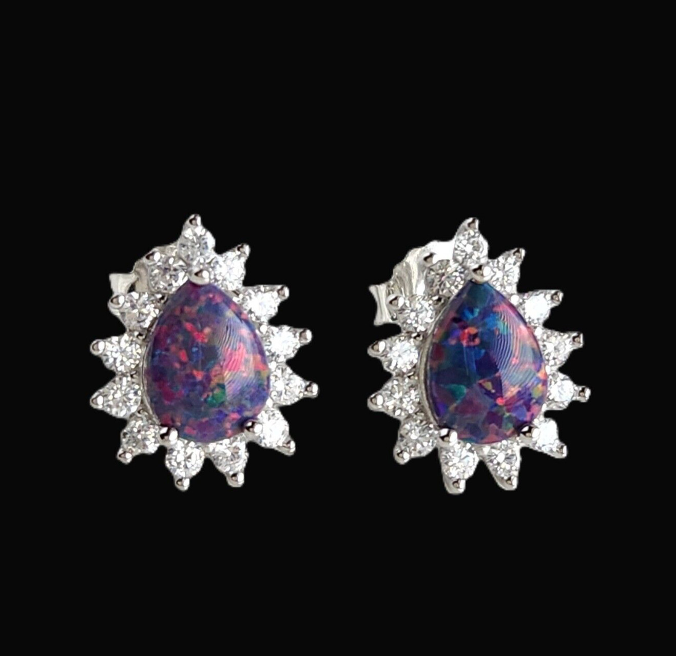 925 Sterling Silver Pear Black 5.9×7.8mm Opal Sapphire 1/2” Earrings Gemstone