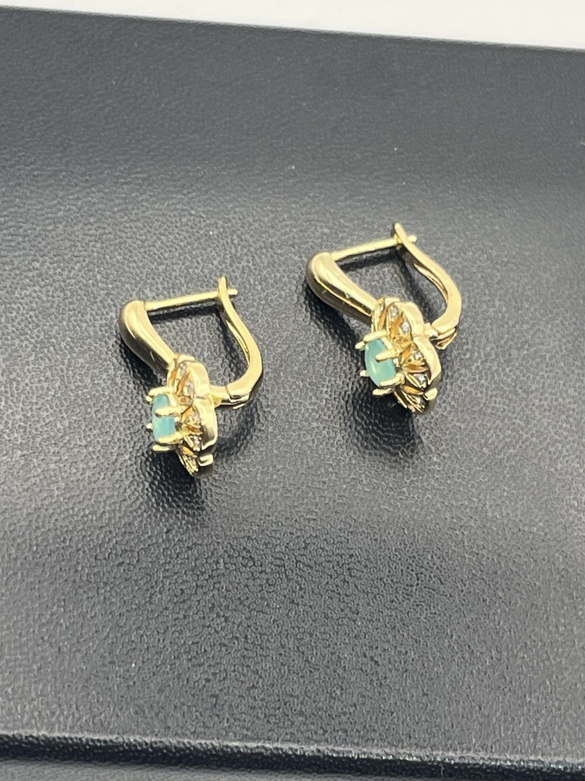 Pale blue green rhinestone gold tone flower cluster earrings