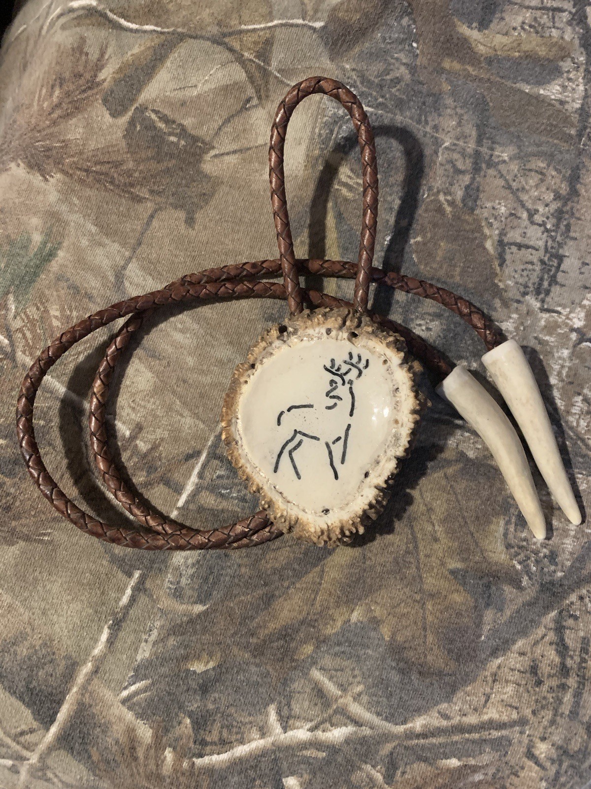 Handmade Bolo Carved Elk Crown/Burr/Rosette Whitetail Buck Genuine Leather Cord