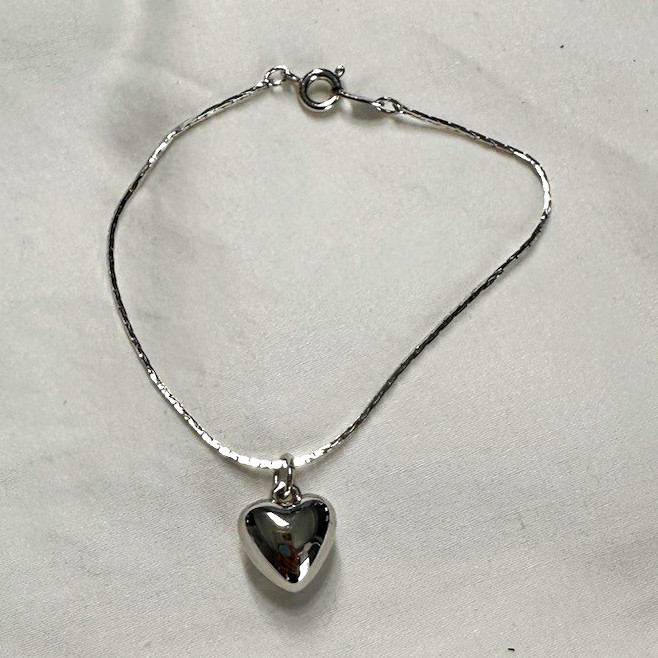 Silver Heart Charm Pendant Snake Chain Bracelet Spring Ring Clasp 7inch