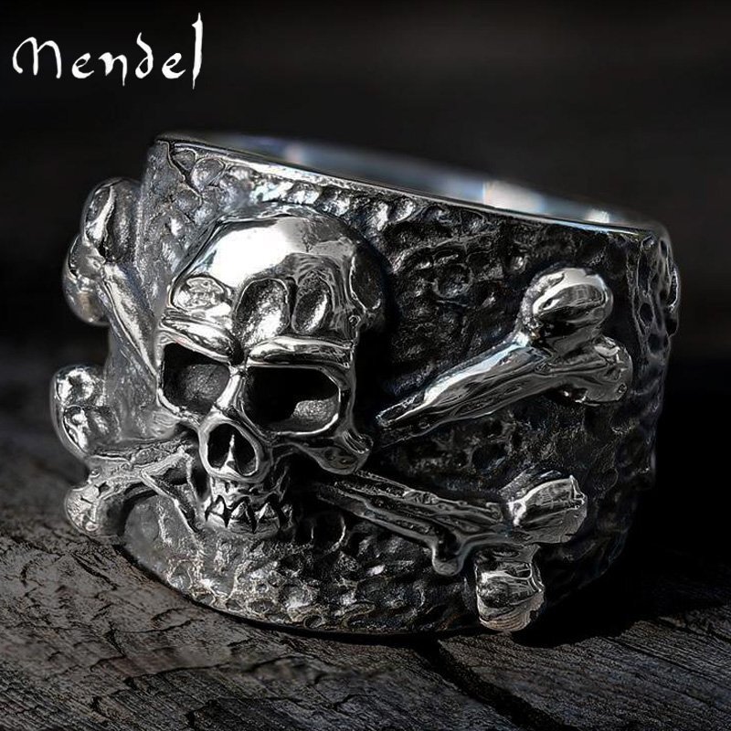 MENDEL Gothic Mens Skull And Bones Biker Ring For Men Stainless Steel Size 7-15