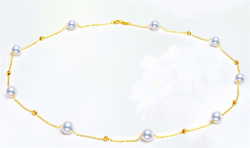 18K Solid Gold Real White Japanese Akoya 6-6.5mm Pearl Necklace Fine Jewelry