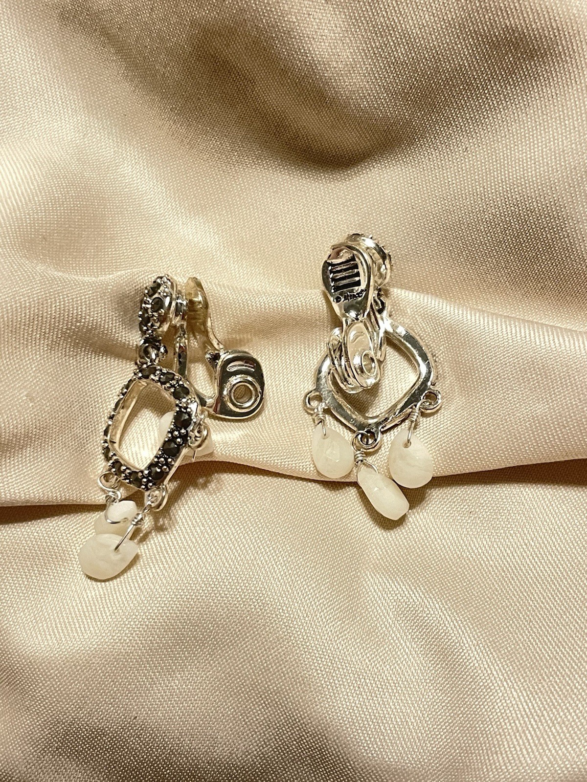 Vintage Monet Silver Tone Asymmetrical White Bead Drop Dangle Clip-On Earrings