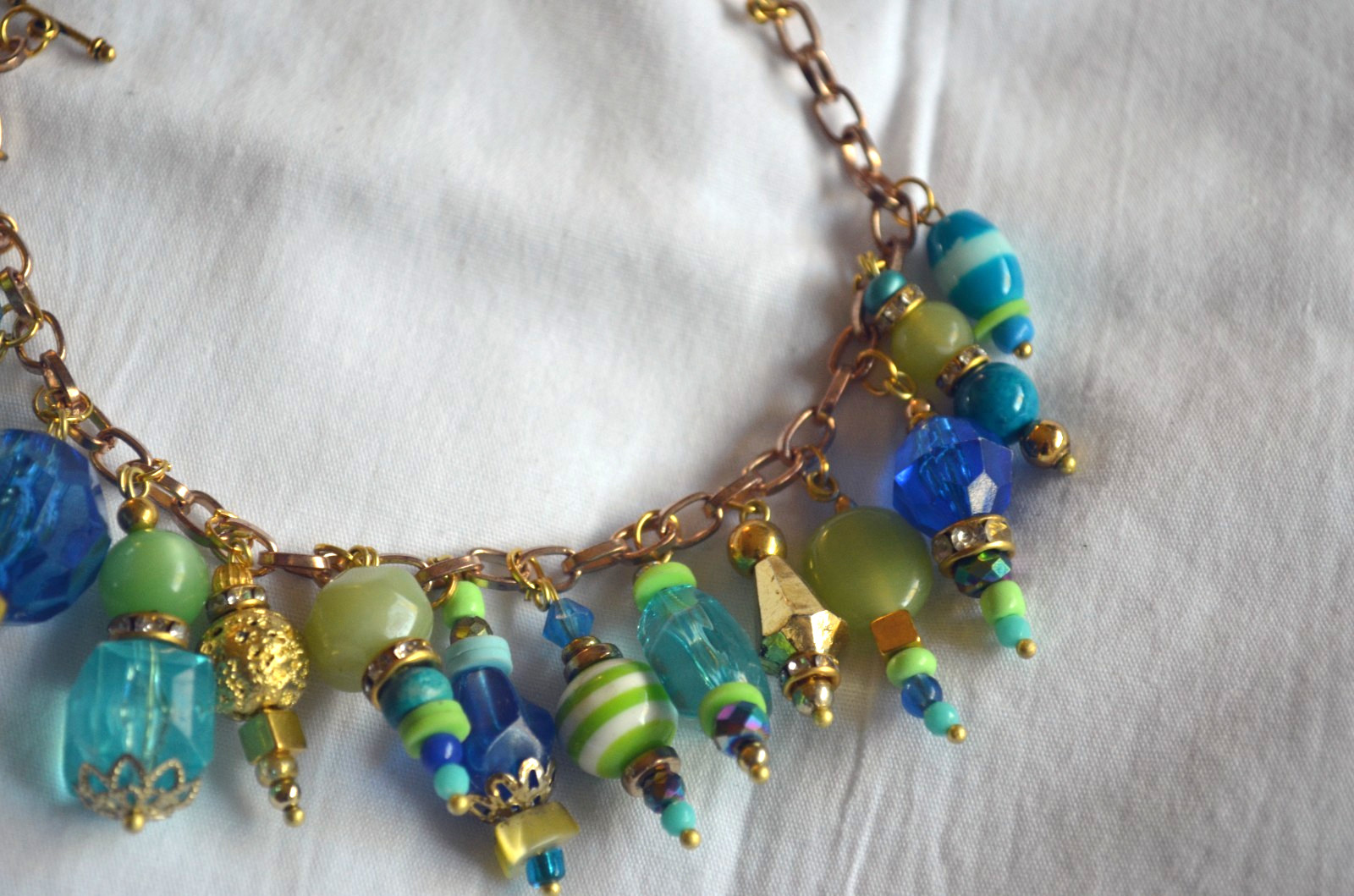 Blue Green Gold Beaded Charm Rhinestone Dangle Bracelet Handmade