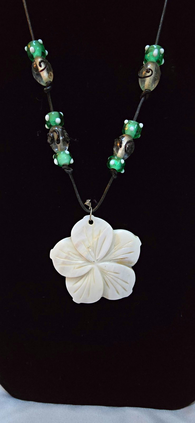 White Flower Shell Charm Pendant Necklace Green Glass Beads Black Cord