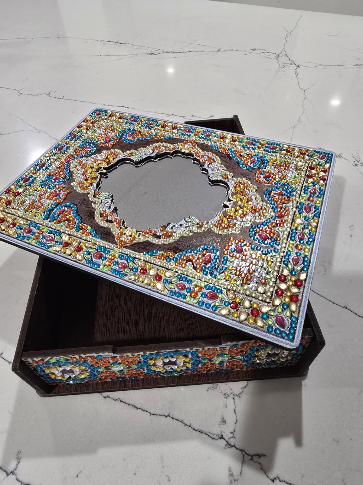 Handmade Multicolor Mosaic Wooden Rectangle Jewelry Gift Box w/ Lid, Lined