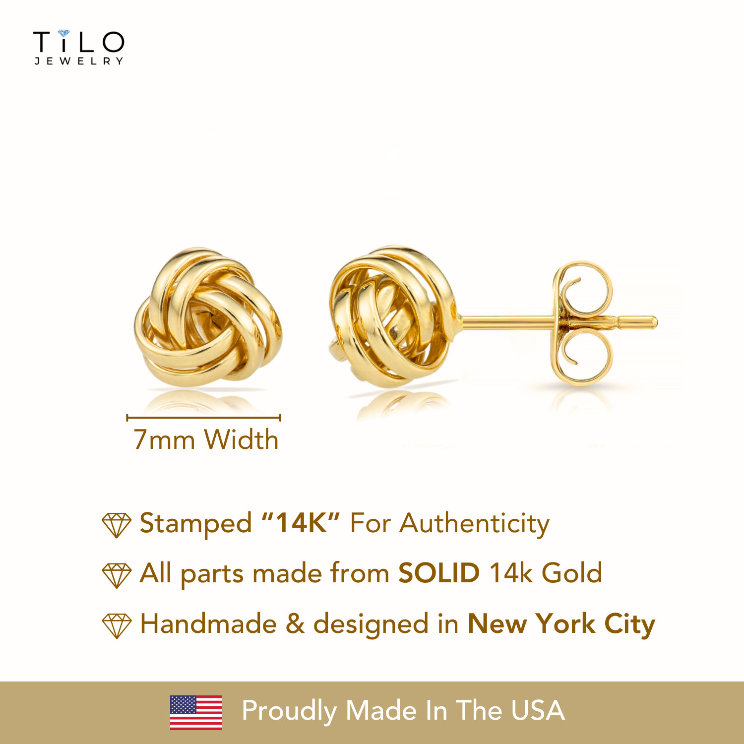 14K Real Solid Gold Polished Love Knot Sleeper Studs Earrings Push-back 7mm