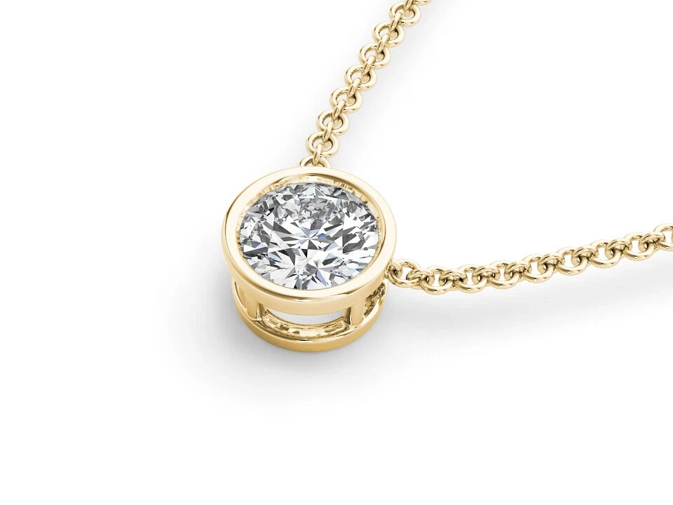 6.5mm Bezel Set Round Real Moissanite Solitaire Necklace 14K Yellow Gold Plated