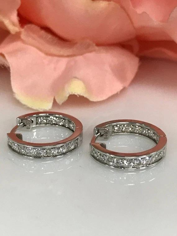 1 CT Round Inside-Outside Real VVS1 Moissanite Hoop Earrings 925 Sterling Silver