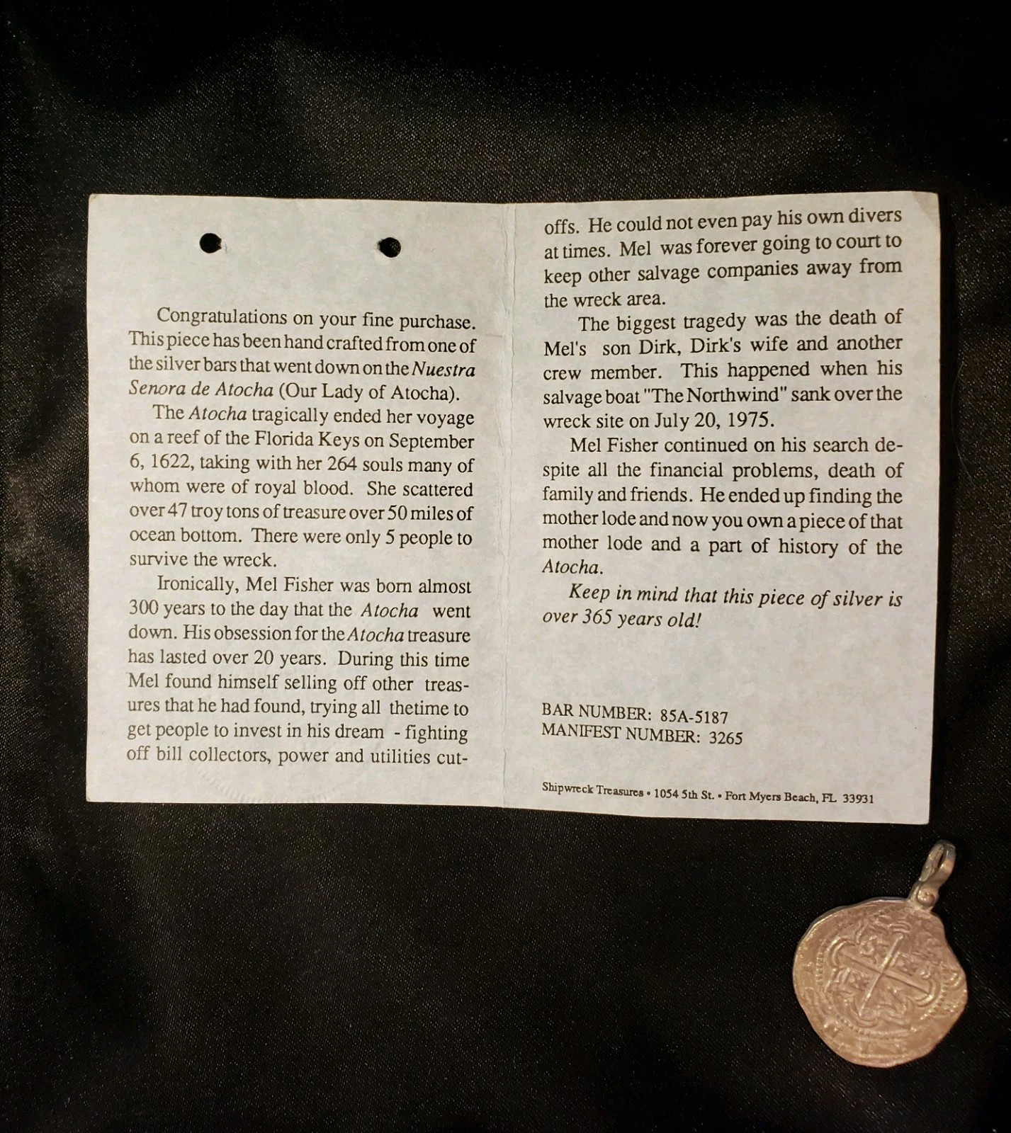 NUESTRA SENORA de ATOCHA Authentic Sunken Treasure Coin Pendant, Authenticated