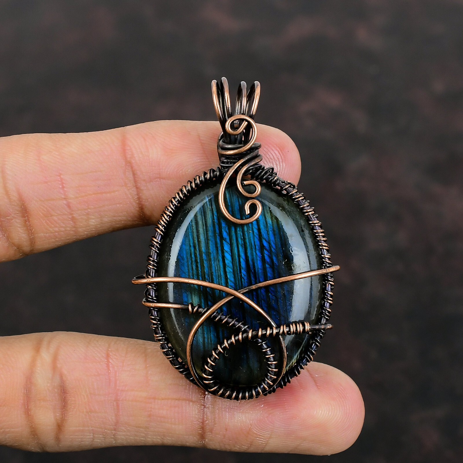 Labradorite Wire Wrapped Pendant Handcrafted Copper Designer Jewelry 2.28″