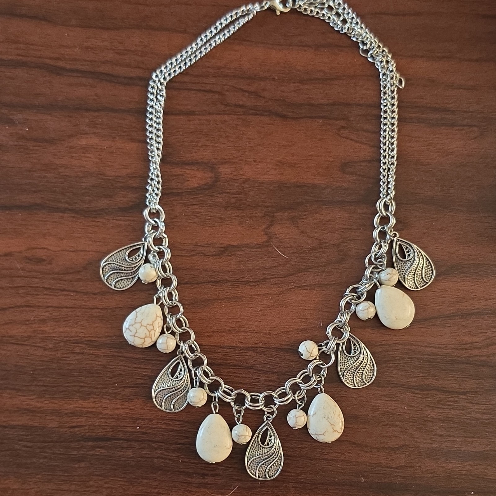 Silver Tone Curb Chain Charm Necklace White Teardrop Howlite Adjustable 18in