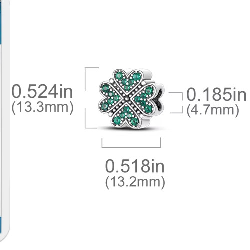 GREEN CZ 4 LEAF HEART CLOVER S925 STERLING SILVER CHARM BRACELET BEAD & POUCH!