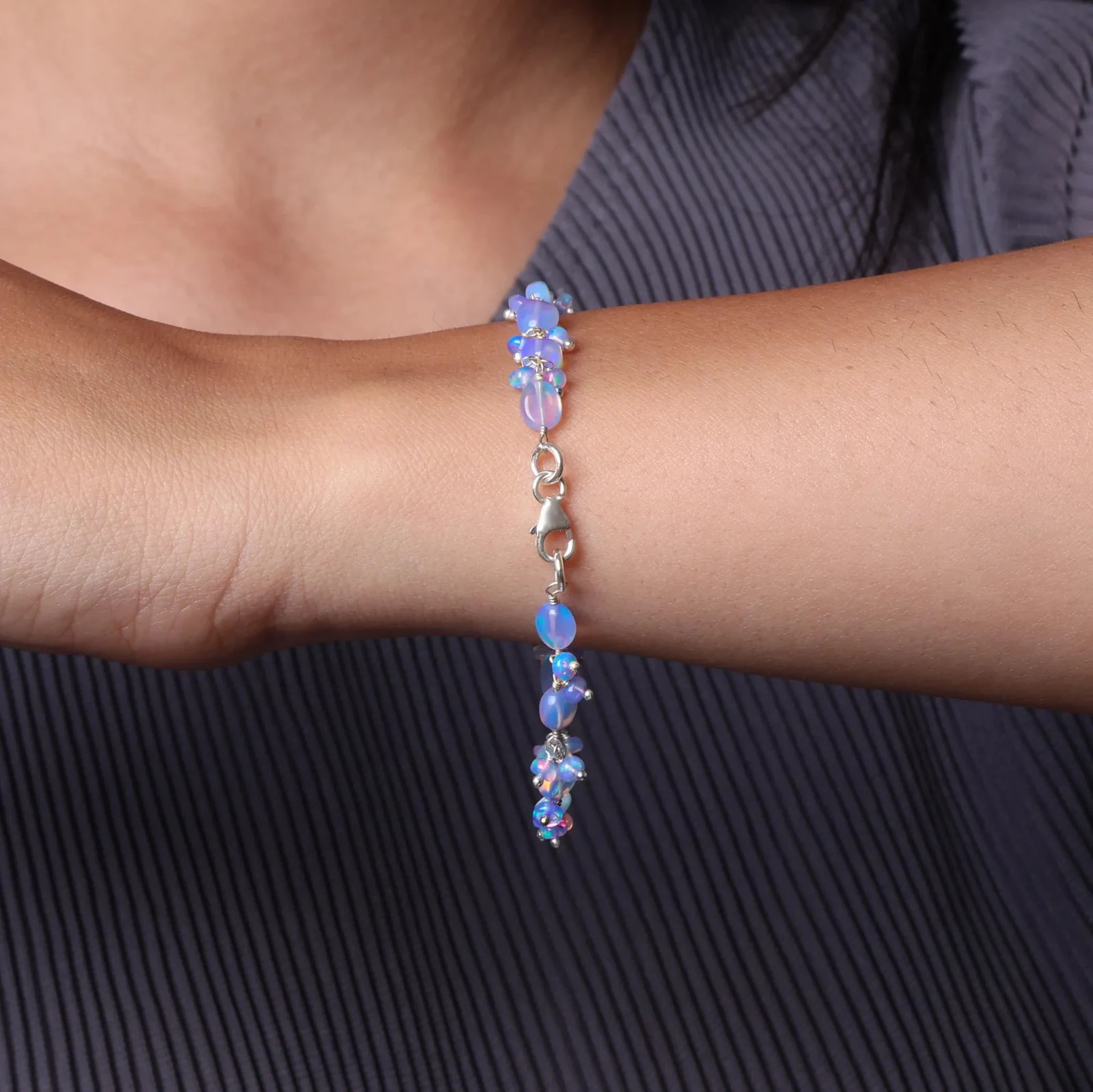 Fire Blue Opal Gemstone Tumble Beads Bracelet, Genuine Ethiopian Opal Bracelet