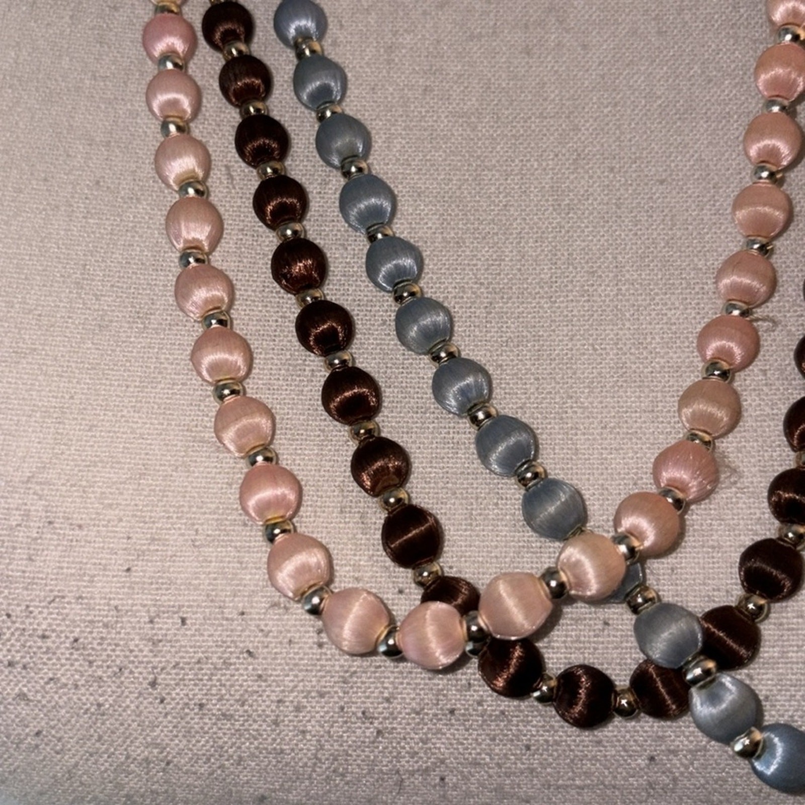 🧵 3-Strand Silk Bead Necklace Set – Estate Find from Singapore