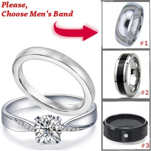 Wedding Rings Set 3 pcs Hers STERLING SILVER, His selectable, Men’s & Women’s CZ