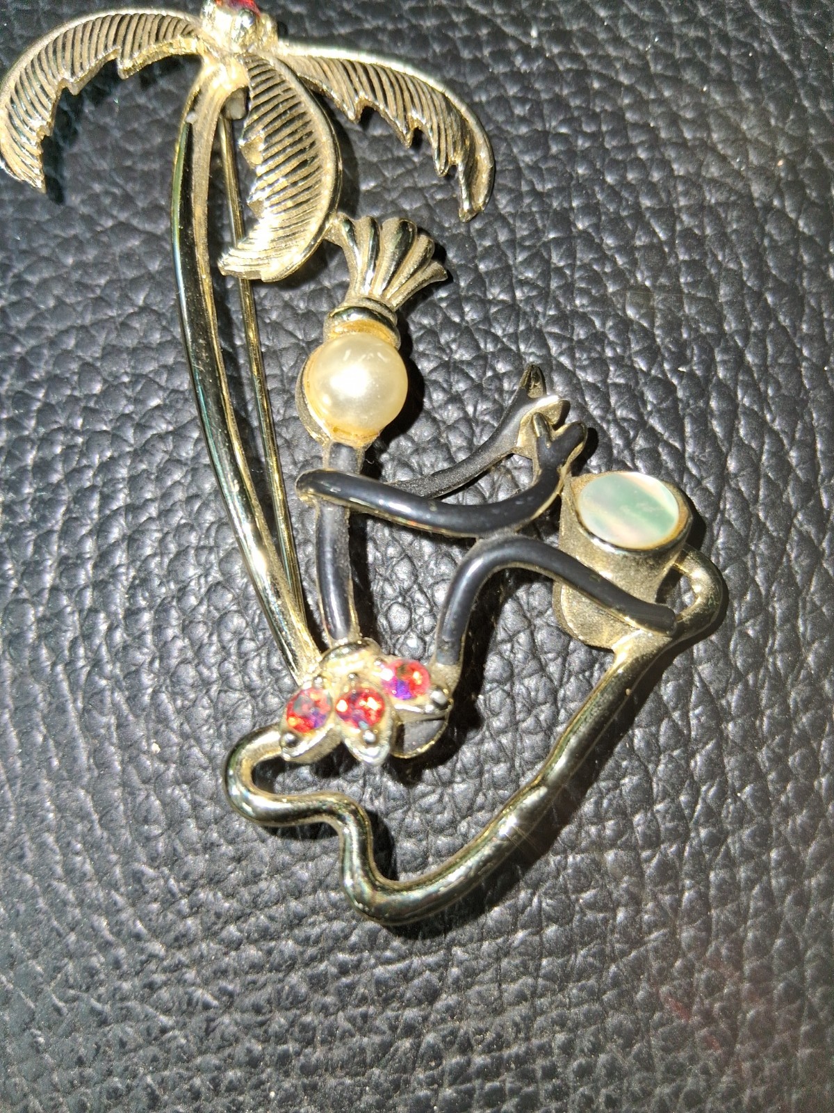 Vintage 1940s Coro Island Native Drummer Palm Tree Brooch Pin Retro Enamel Faux