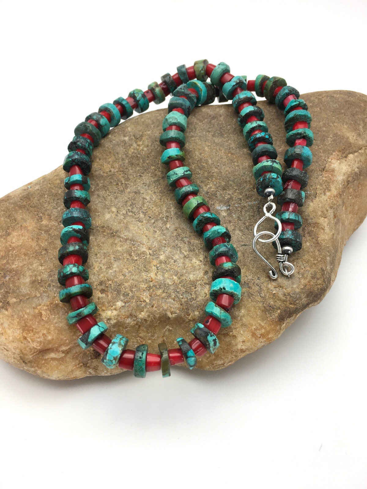 Turquoise Heishi 10 mm Bamboo Coral Sterling Silver Necklace