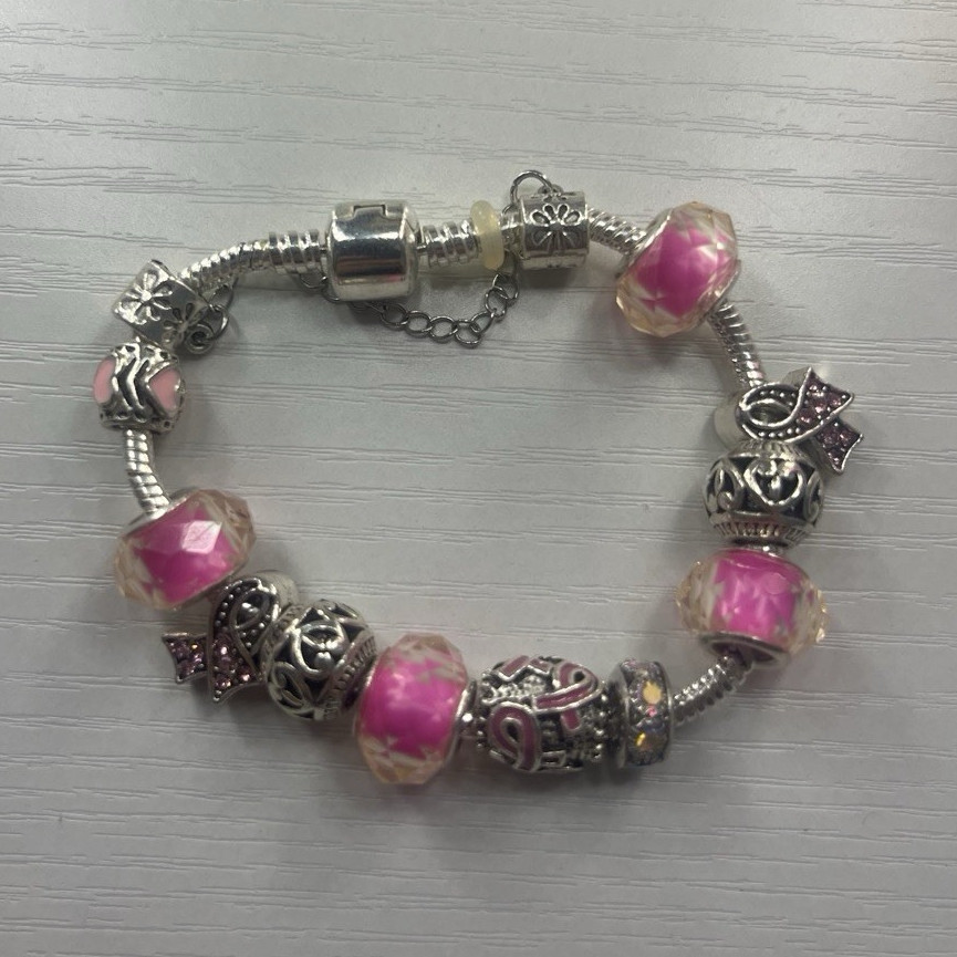 Silver Tone Snake Chain Charm Bracelet Pink Round Glass Bead Charms Adjustable