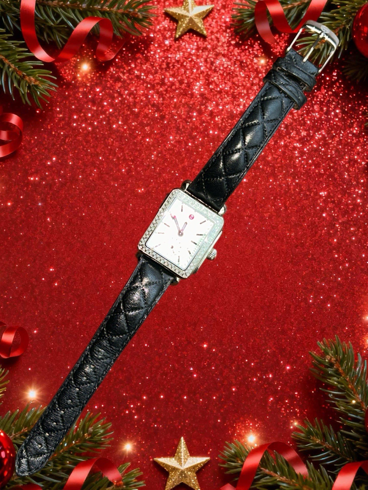 Michele Deco Diamond Watch .49ct 108 Diamonds Black Leather Sapphire