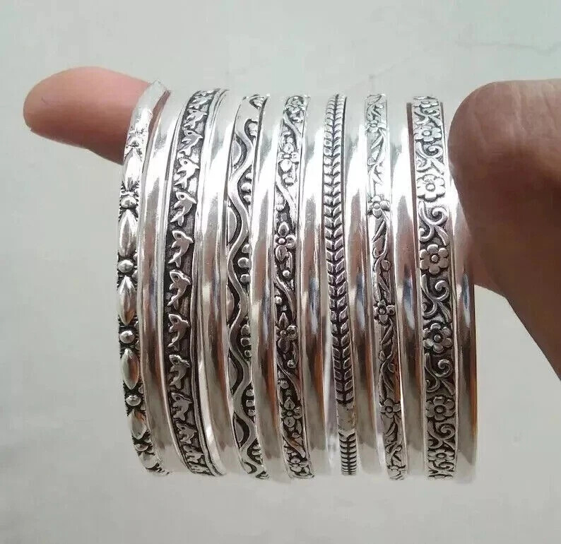 14 Set Of Silver Bangles Solid 925 Silver Handmade Stackable Women Bangle