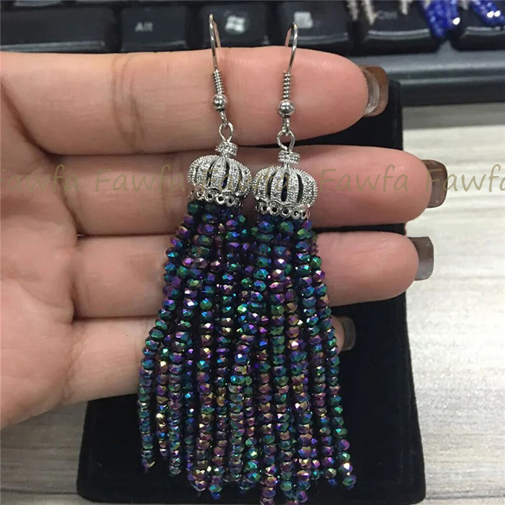 Faceted 3x4mm Multicolor Crystal Beaded Tassel Crown Dangle Silver Hook Earrings