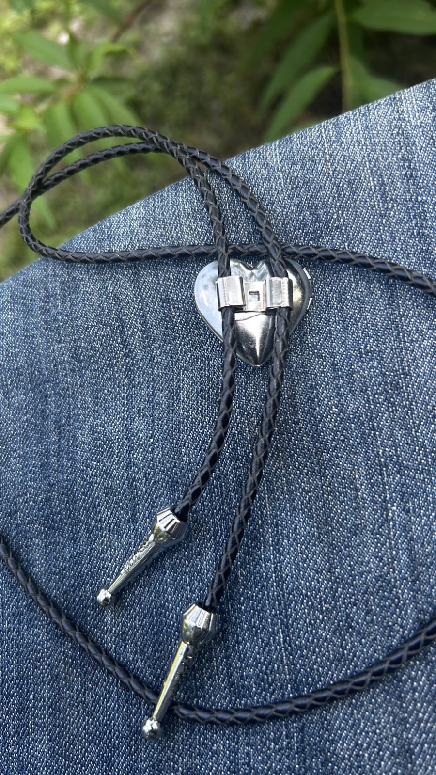 Vintage Western Style Silver Heart Locket, Black Leather Bolo Tie FREE SHIPPING