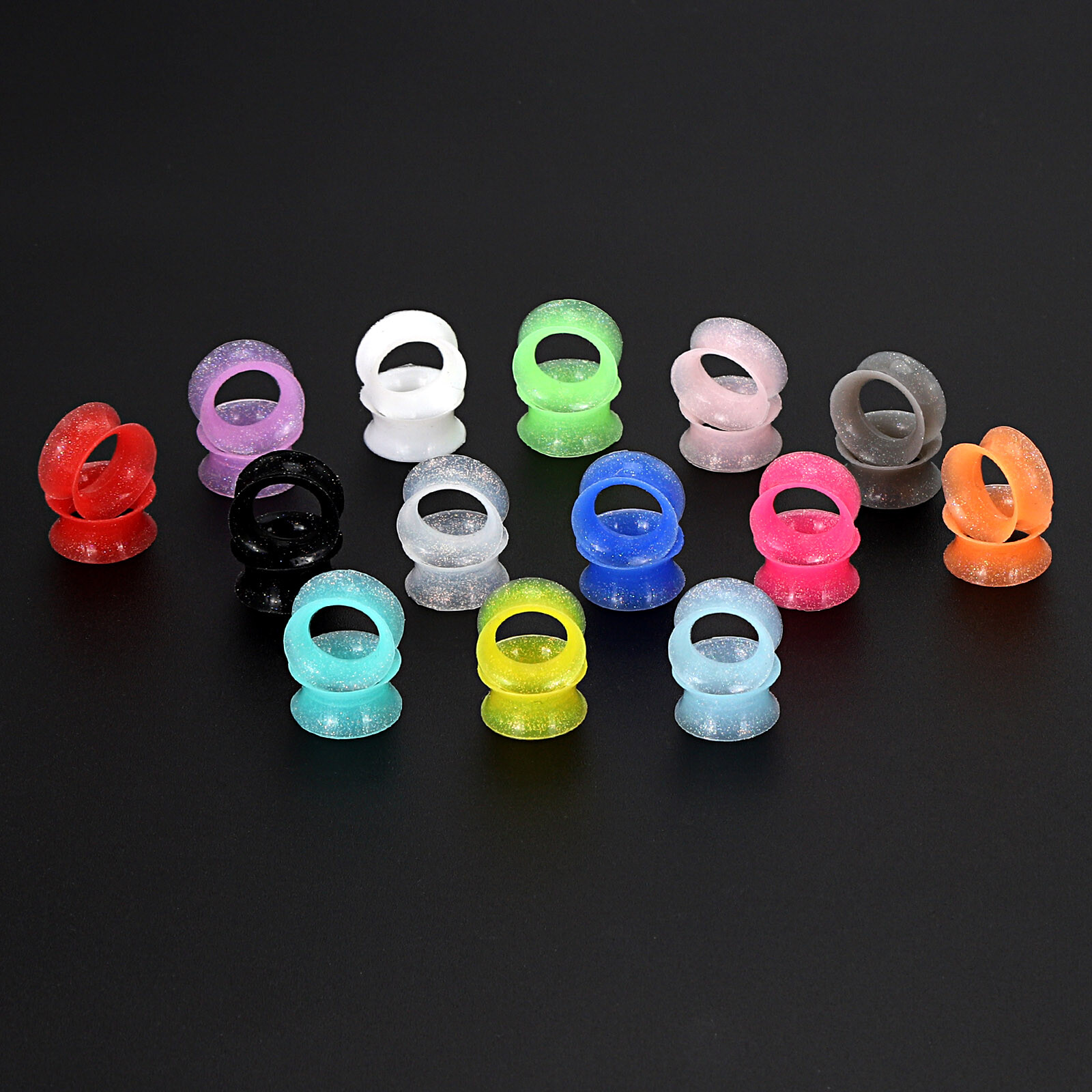 Pair Thin Silicone Ear Tunnels Gauges Plugs Glitter Earskin Stretchers 2g-3/4″