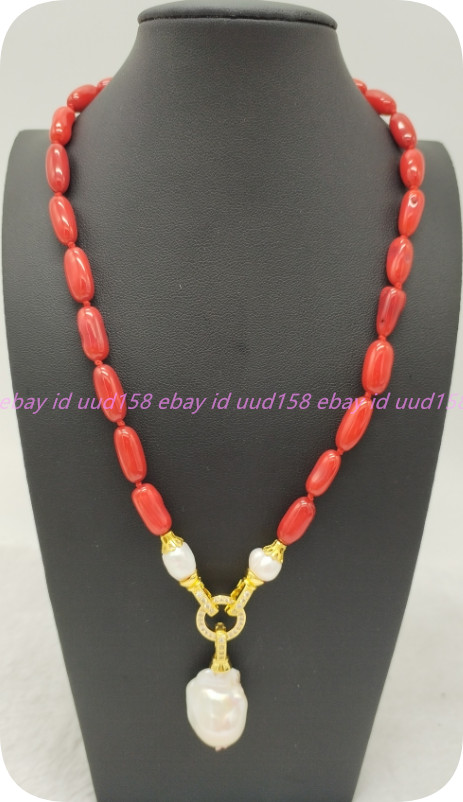 Natural 8-12mm Red Coral White Baroque Pearl Gemston Oval Beads Necklace 16-36in