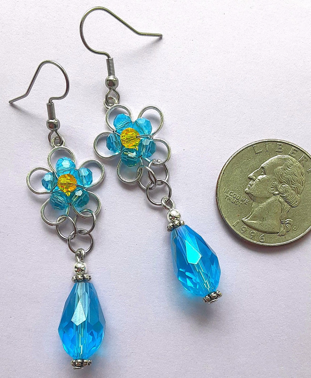 BLUE CRYSTAL DAISY teardrop DANGLE earring SP FISH HOOK handmade XAG