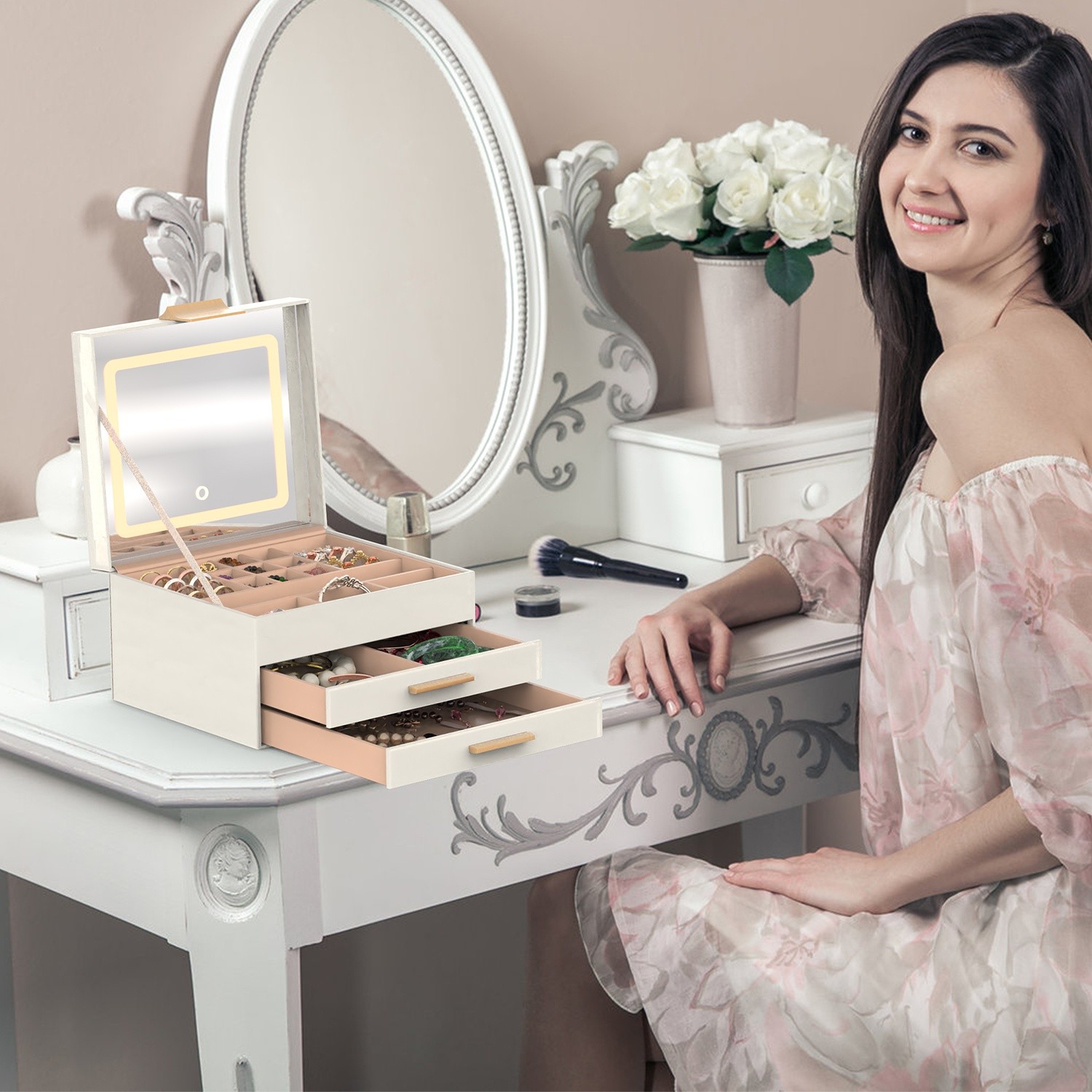 3‑Layer Jewelry Box with LED Mirror – PU Leather Organizer with Drawers for Ring
