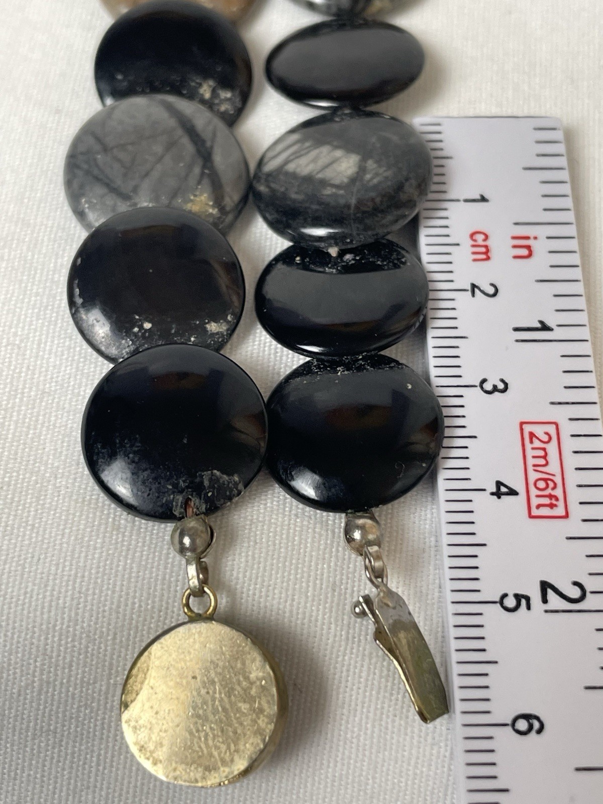 Vintage Disc Link Necklace 28” Gray Beige Streaked Faux Stones Box Clasp