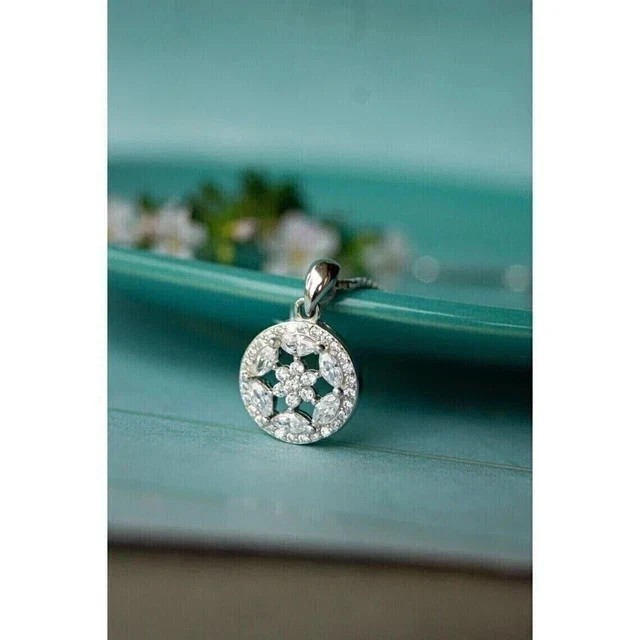 Fancy Flower Shape Pendant 2Ct Round Cut Simulated Diamond 14K White Gold Plated