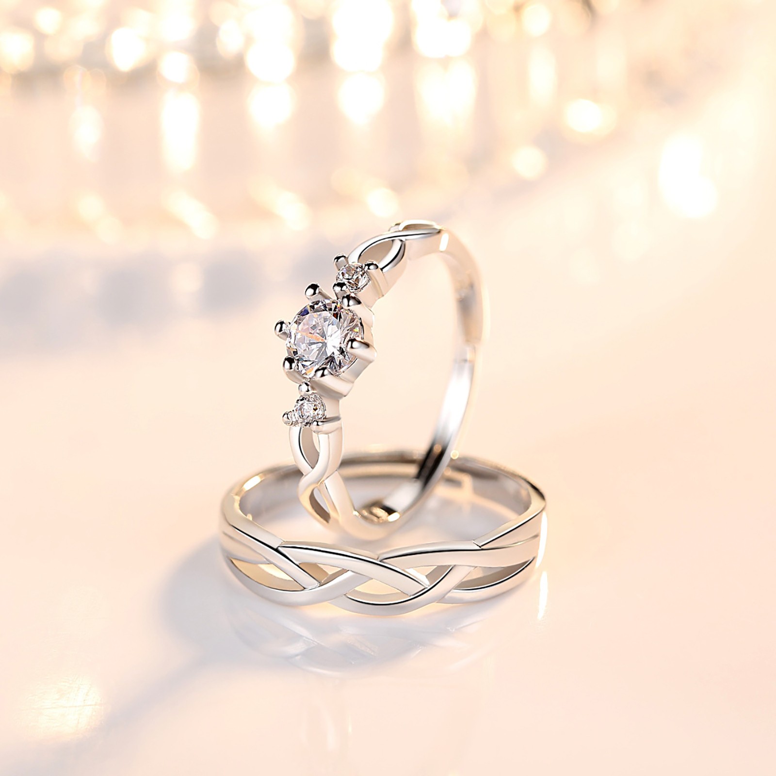 His Hers Infinity Knot Clear CZ Eternity Bands Set Couple Matching Promise Rings
