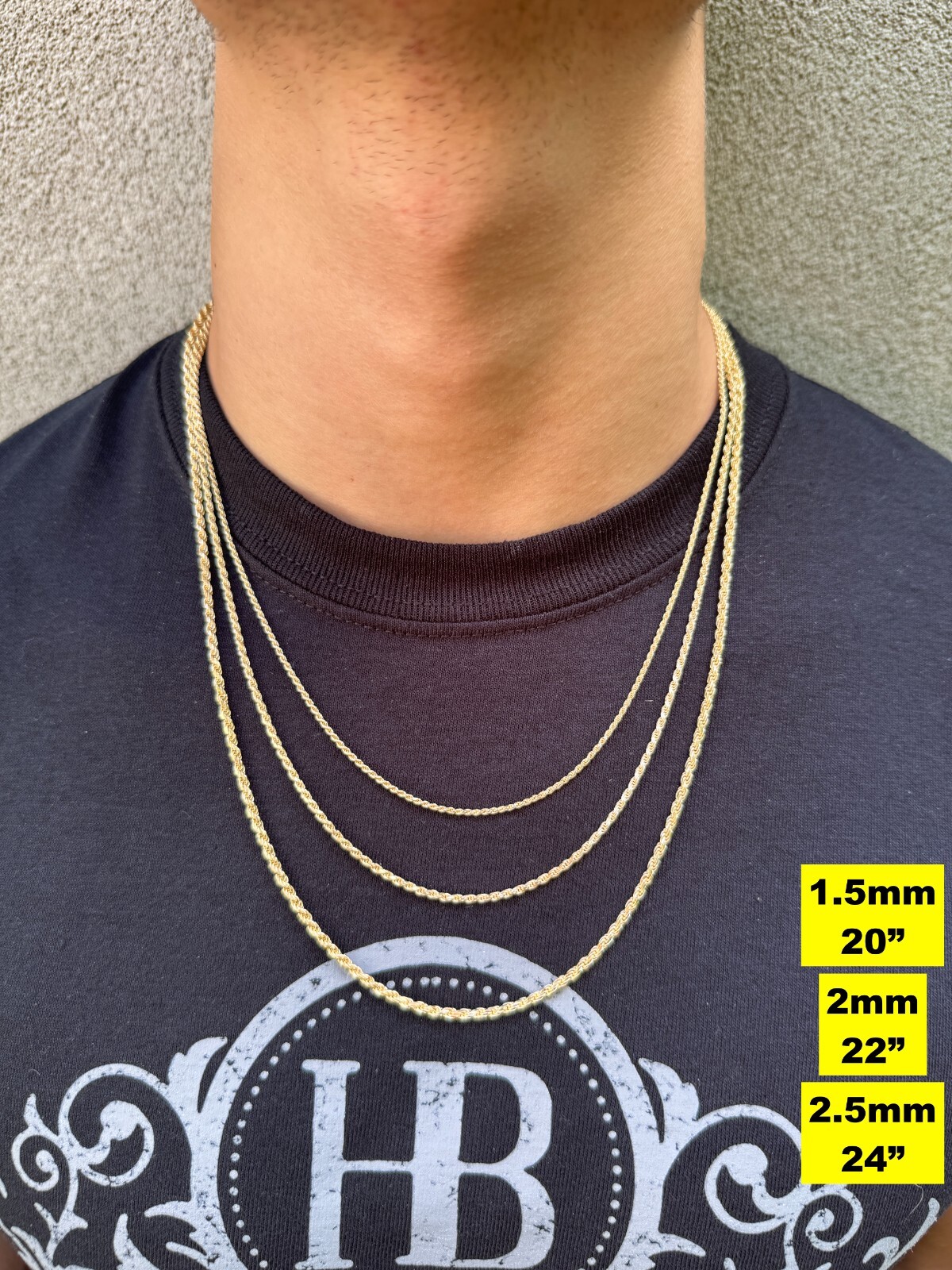 Cadena Rope de Plata 925 con Baño de Oro 14k para Hombre y Mujer 1.5-5mm