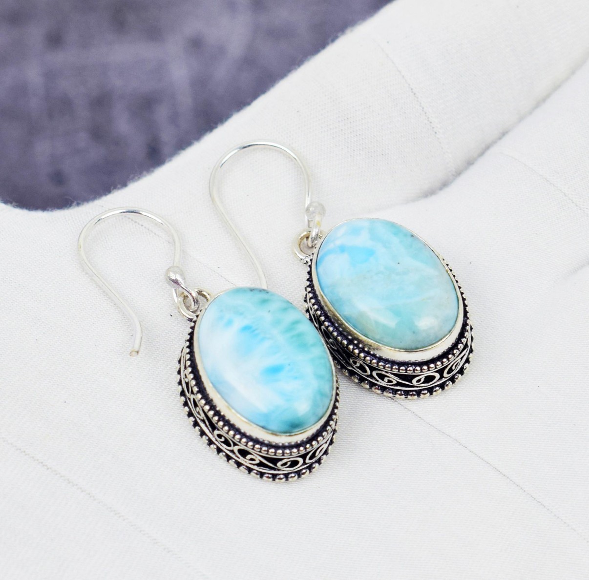 Handmade Oval Caribbean Larimar Earring 925 Sterling Silver Antique Jewelry
