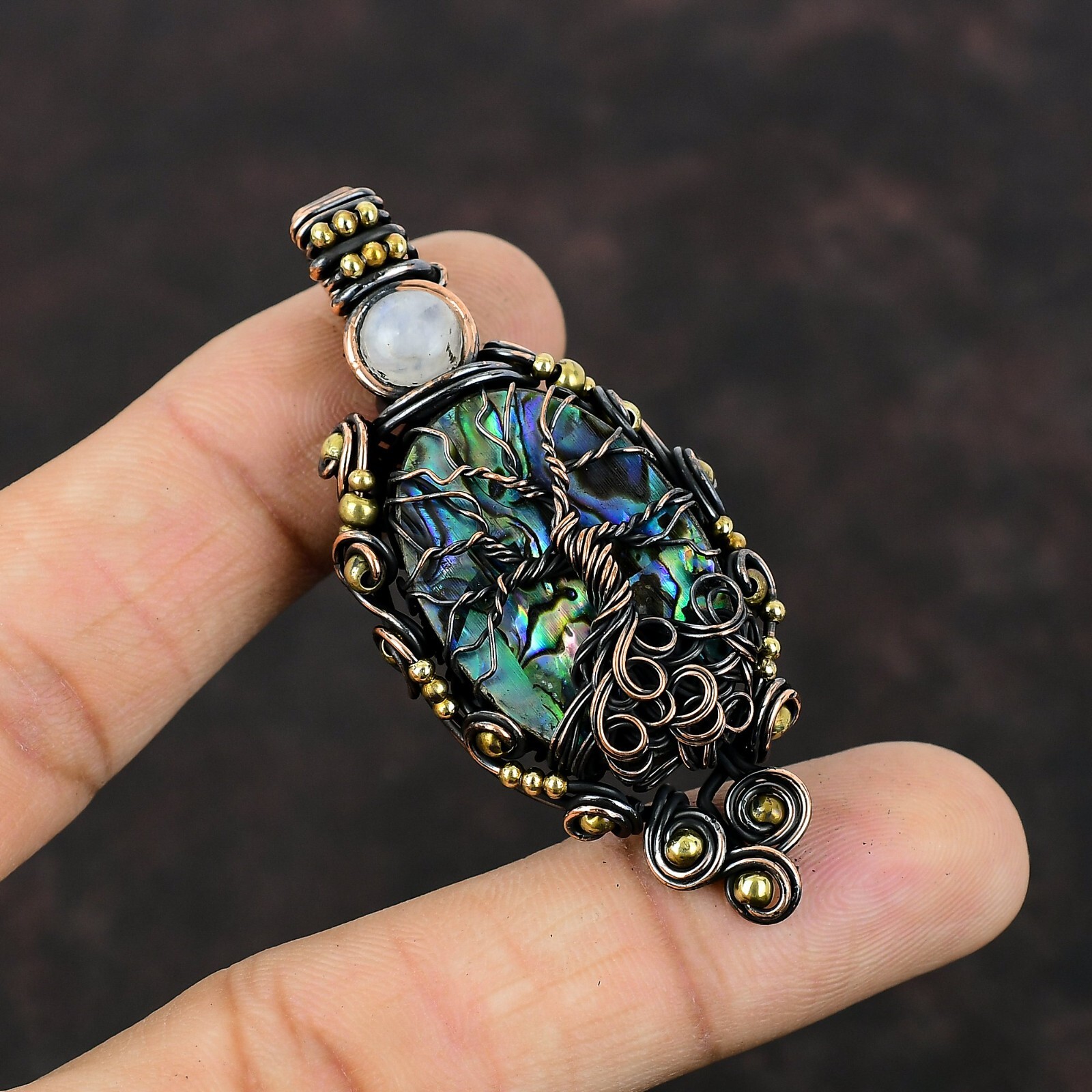 Womens day Deal Oval Abalone Shell Gemstone Rainbow Moonstone New Pendant Copper