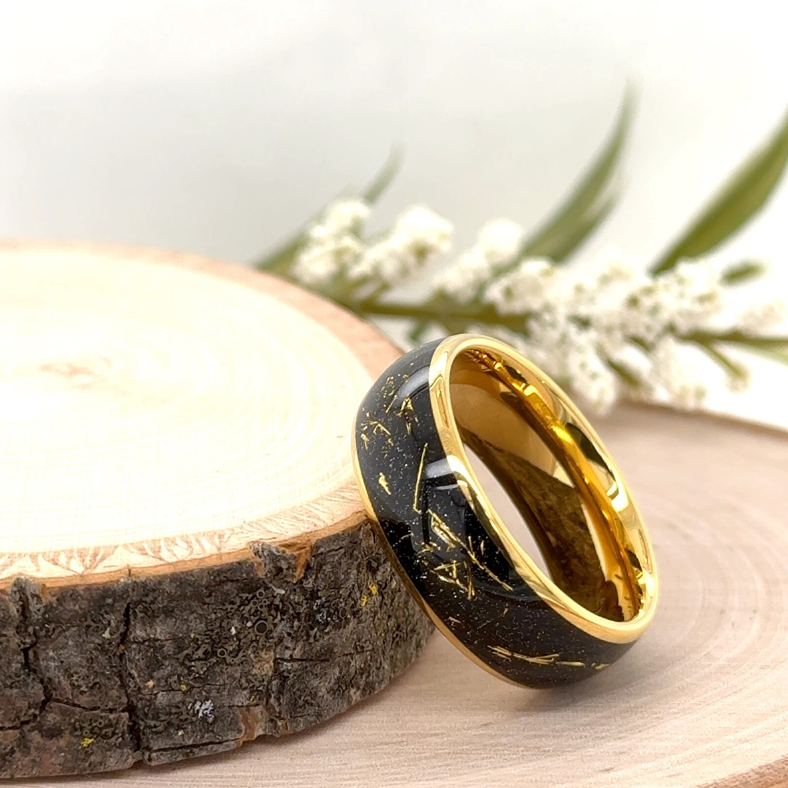 Yellow Gold Tungsten Wedding Ring 8MM Black With Gold Meteorite Inlay Band