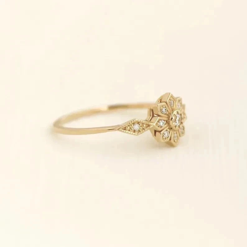 Art Deco Style Round Lab Created Diamond Wedding 14K Yellow Gold FN Floral Ring
