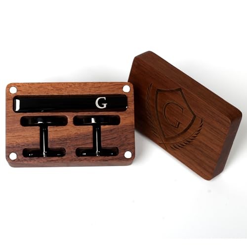 Mens Initial Cufflinks and Tie Clip A-Z Alphabet Letter Black Classic-G
