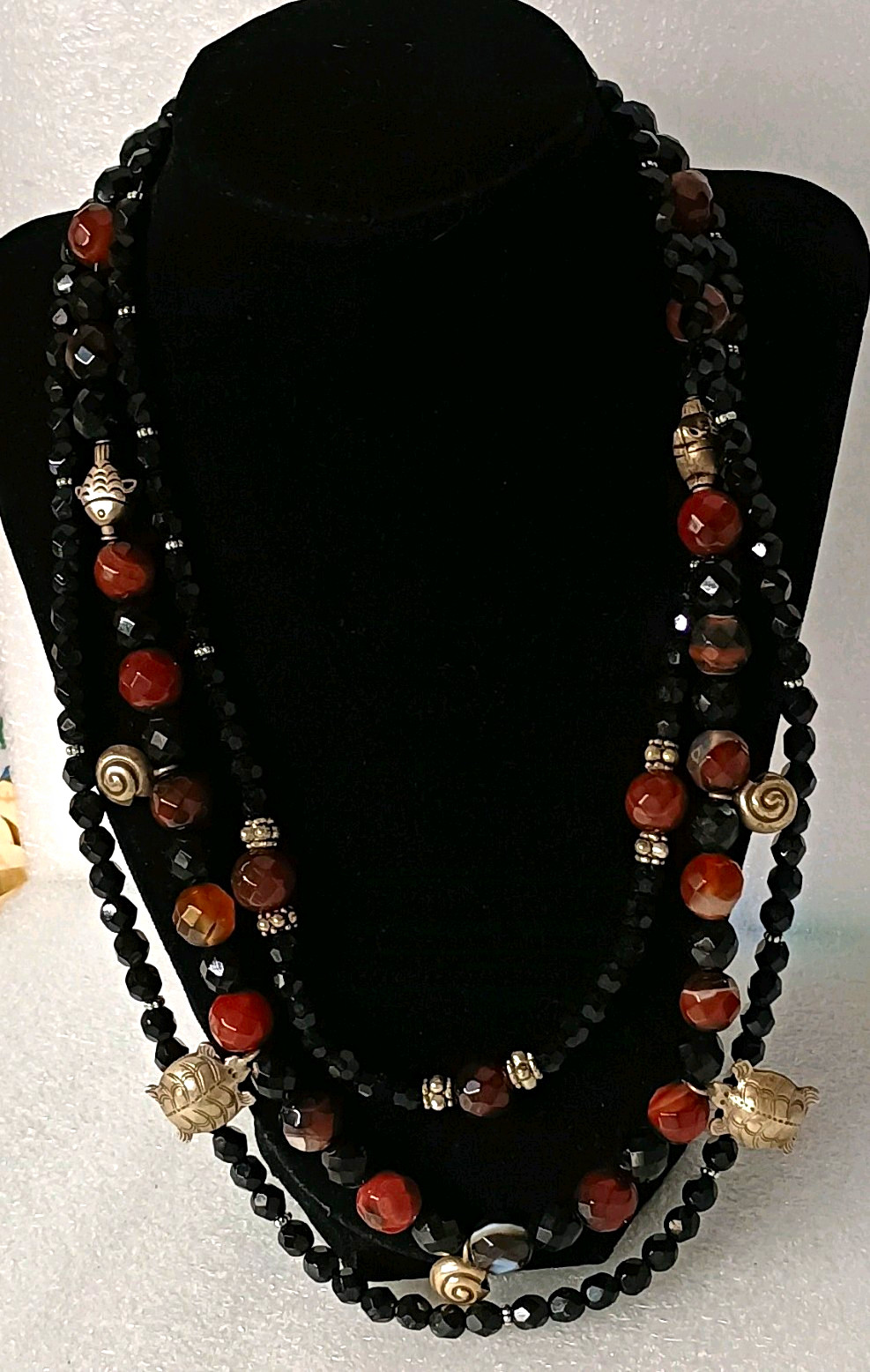 Multi-Strand Layered Black Red Beaded Necklace w/ Round Agate Turtle Charms .925