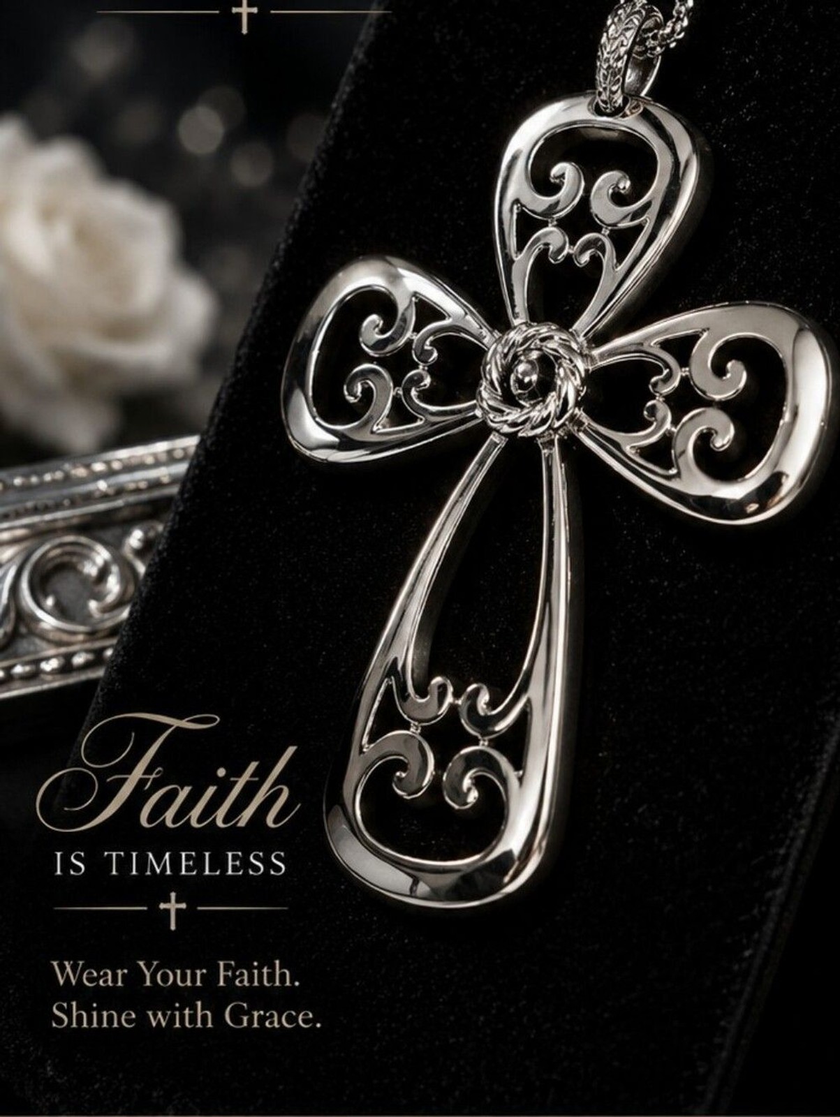 Sarah Coventry Silver Tone Filigree Cross Necklace 24 In. Chain Faith Christian