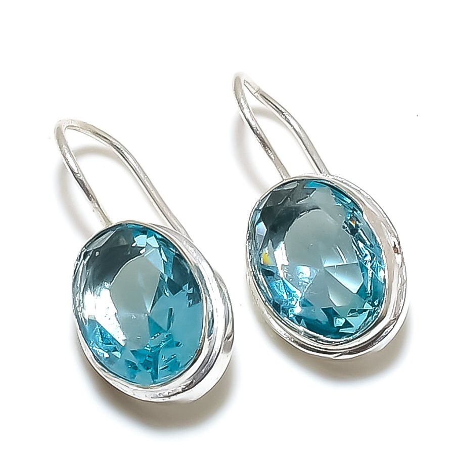 Aqua Aquamarine Gemstone 925 Sterling Silver Jewelry Stud Earring Sz 0.75”