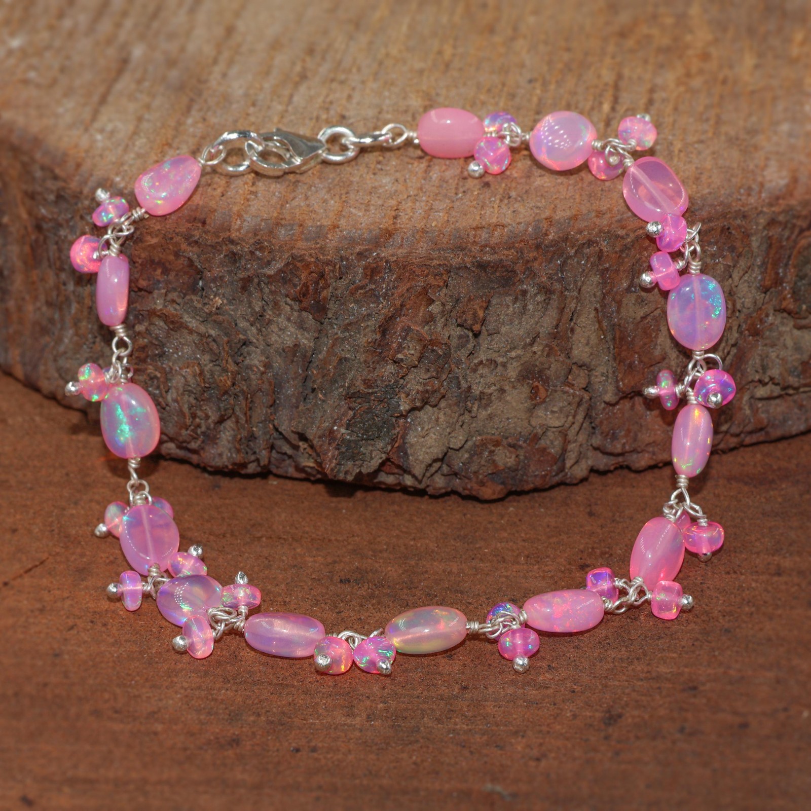 Genuine Pink Opal Gemstone Tumble Beads Bracelet, Natural Fire Opal Bracelet