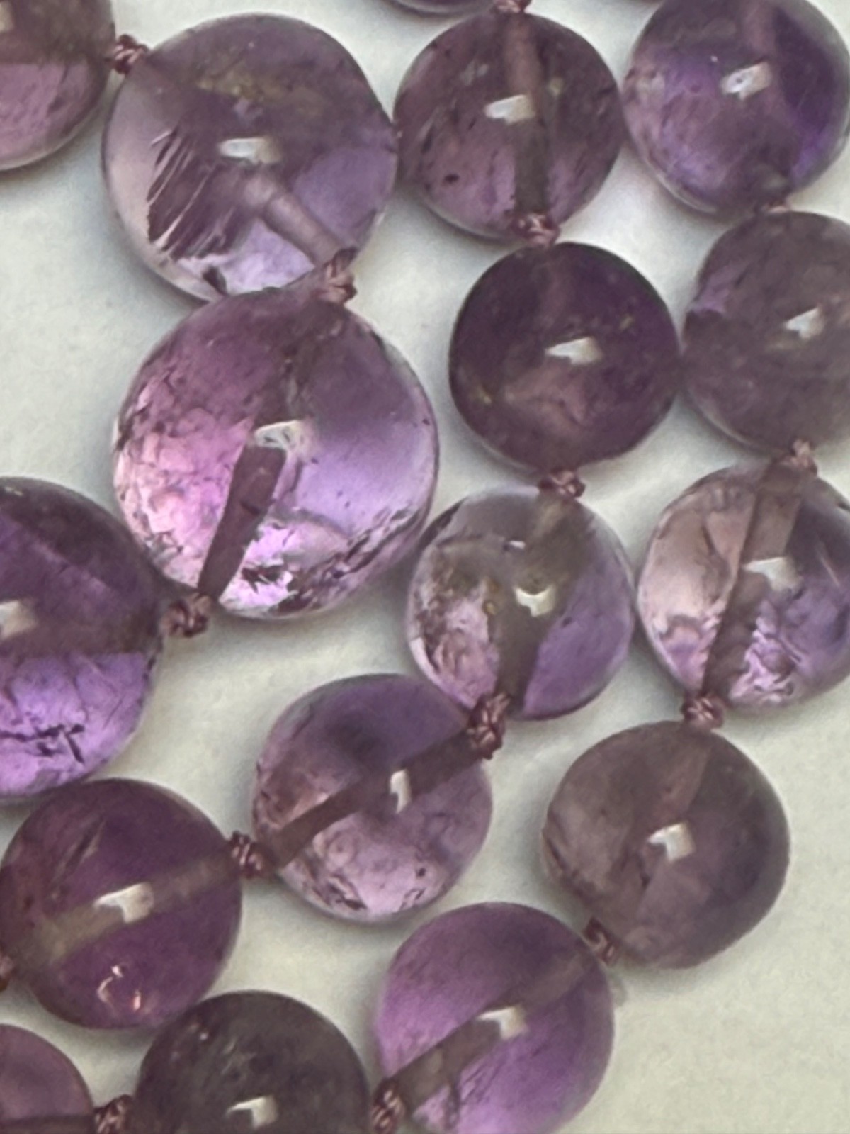 Hand polished amethyst 41 beaded graduated knotted 21.5” necklace