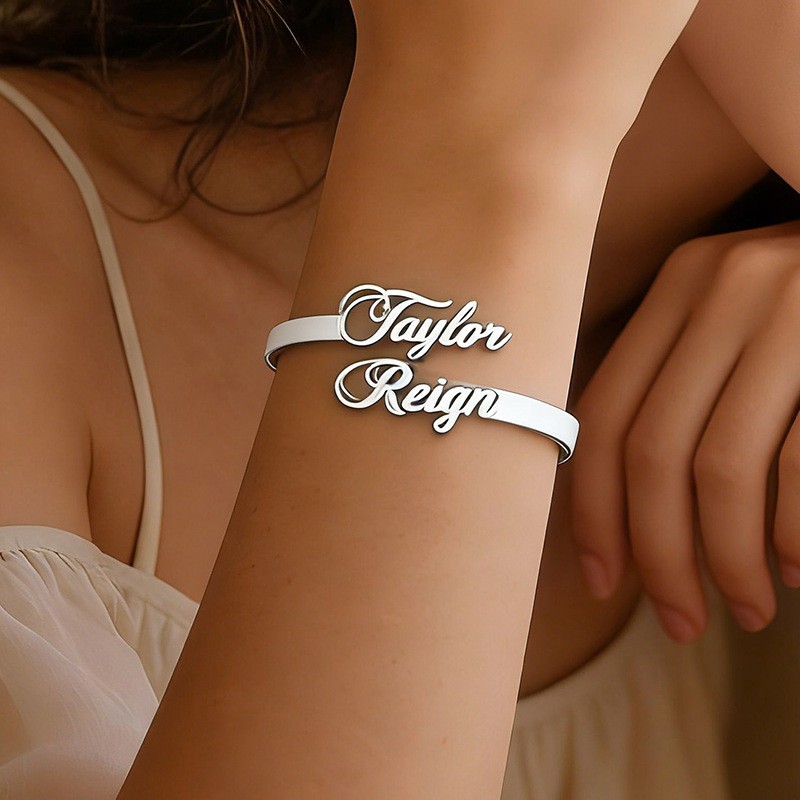 Customized Double Name Engraved Stainless Steel Bracelet Cuff Anniversary Gift