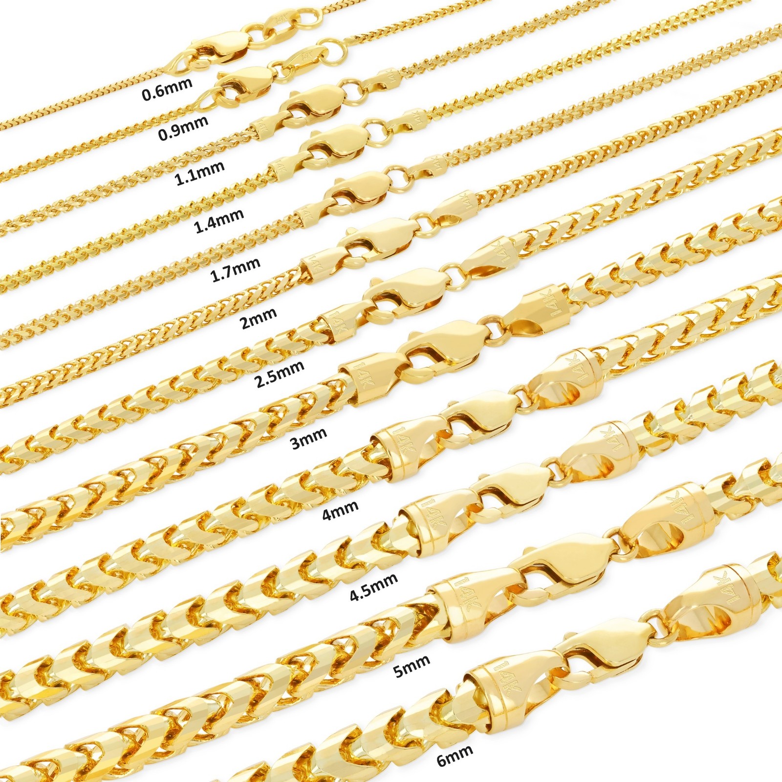 14K Yellow Gold Solid Franco 1mm-6mm Diamond Cut Chain Necklace Bracelet 7″-30″
