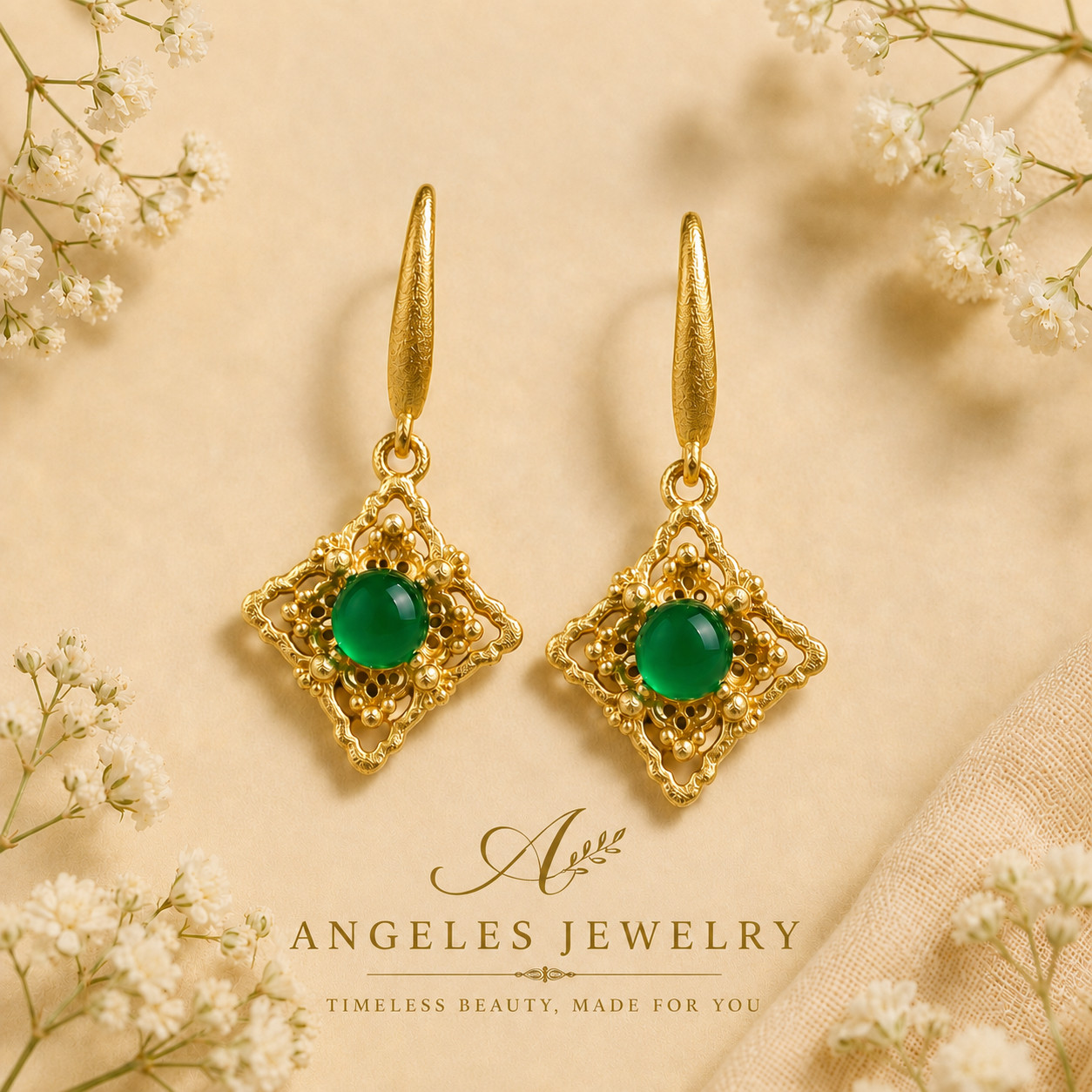 Green Jade Drop Dangle Earrings Hollow-carved Gemstone Ear Hook 18K Gold Plated