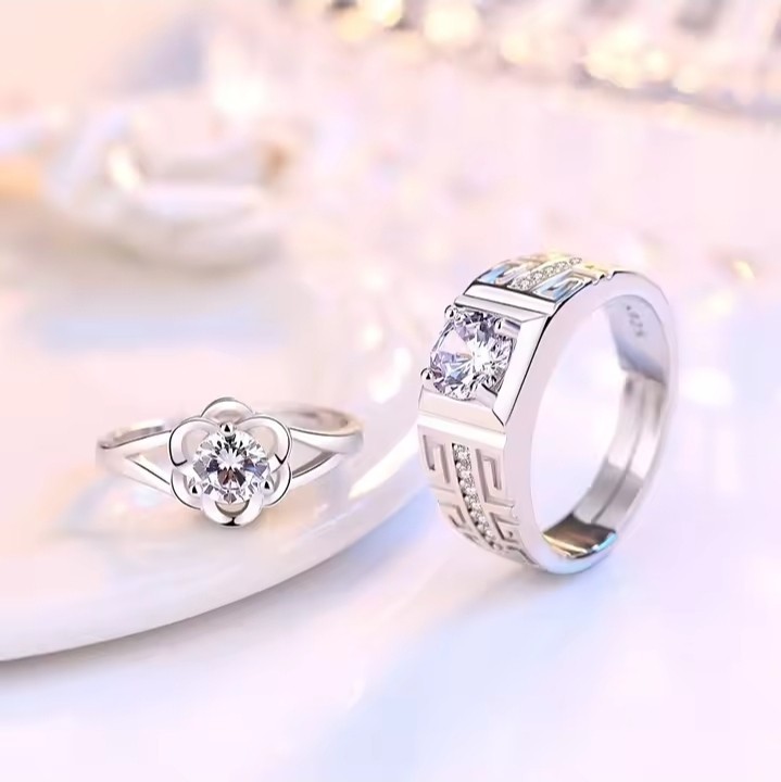 2PCS Couple Ring 925 Sterling Silver AAA Zircon For Women and Men Sweet Wedding