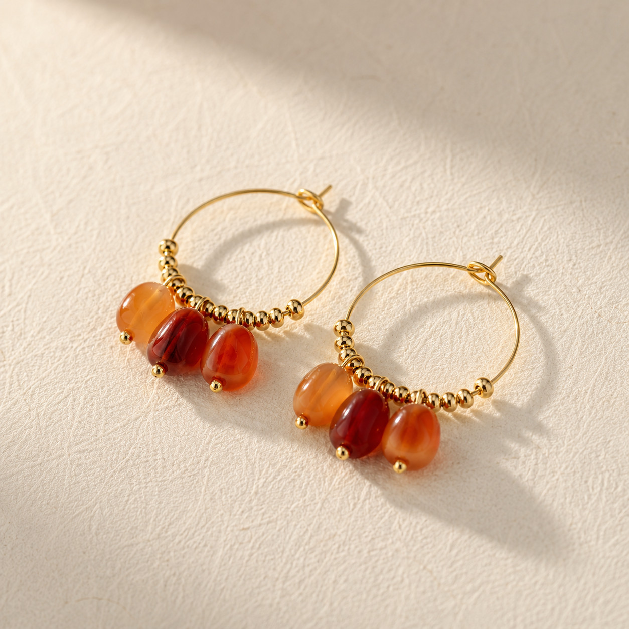 Natural Red Agate Drop Hoop Earrings | 18K Gold Plated | Vitality & Warmth